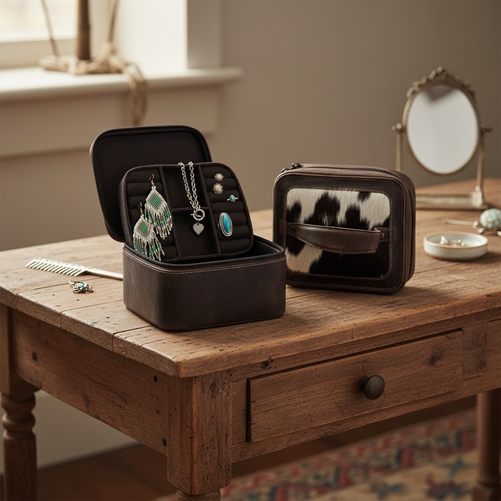 New Crazy Horse Leather & Cowhide Small Jewelry Box Rustic Gift😍 With Jewelry